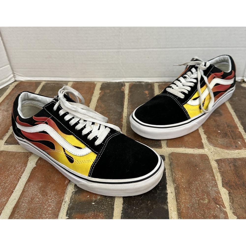 Vans Old Skool Black Suede Sneakers Red Yellow Flame Skate Low Top Shoes Men 9.5